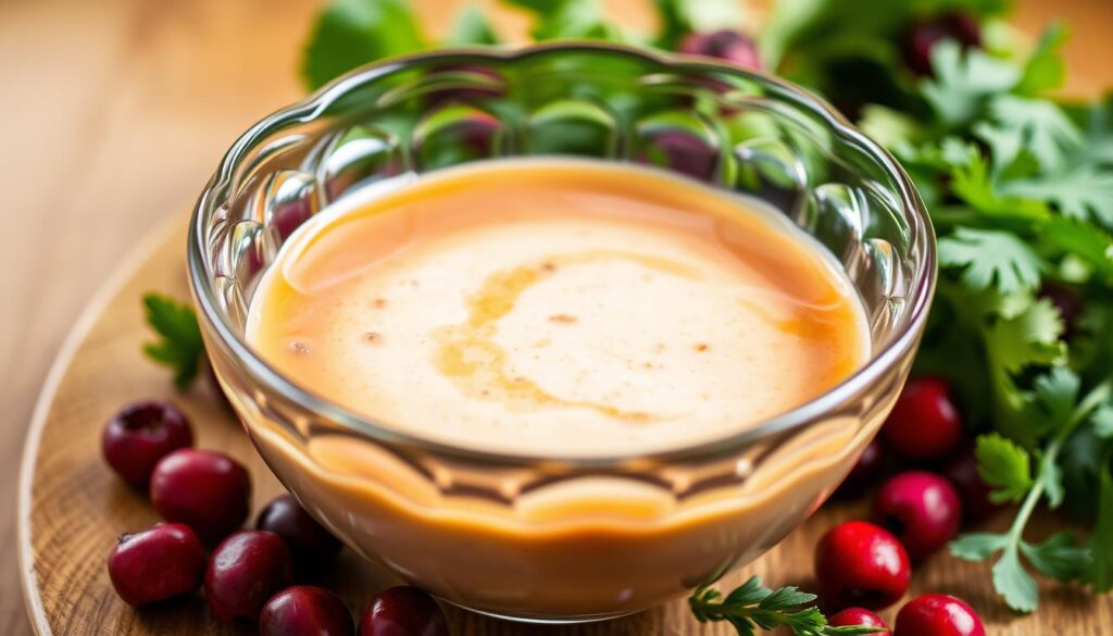 A beautifully crafted glass bowl filled with a rich, creamy dressing, its surface glistening under the soft, diffused lighting. Fresh, vibrant greens and vibrant pink cranberries are scattered around the bowl, inviting the viewer to imagine the flavors of the Cranberry Pecan Chicken Salad. The scene is captured from a slightly elevated angle, creating a sense of sophistication and attention to detail. The background is a warm, neutral tone, allowing the dressing and its accompaniments to take center stage. The overall mood is one of culinary elegance and the perfect dressing to complement the salad.