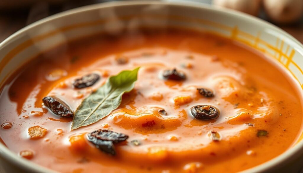 A close-up photograph of a bowl containing a rich, creamy panang curry sauce. The sauce is a vibrant reddish-brown color, with a smooth, glossy texture. Flecks of dried chilies, kaffir lime leaves, and toasted spices are visible, adding depth and complexity to the dish. The sauce gently steams, indicating its warmth. The lighting is soft and diffused, casting a warm, inviting glow. The camera is positioned at a slightly low angle, emphasizing the depth and allure of the panang curry. The background is blurred, keeping the focus solely on the captivating sauce.