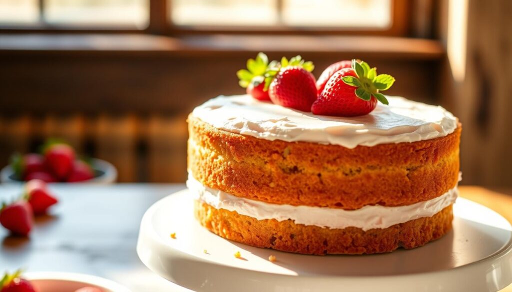 A mouthwatering fresh strawberry cake sits on a pristine white cake stand, adorned with an elegant garnish of vibrant red strawberries. The cake's soft, spongy texture is revealed in close-up, the delicate crumb and creamy frosting inviting a taste. Warm, natural light filters through a window, casting a golden glow and creating subtle shadows that accentuate the cake's luscious details. The scene exudes a sense of homemade comfort and artisanal craftsmanship, perfectly capturing the essence of "Assembling Your Fresh Strawberry Cake".