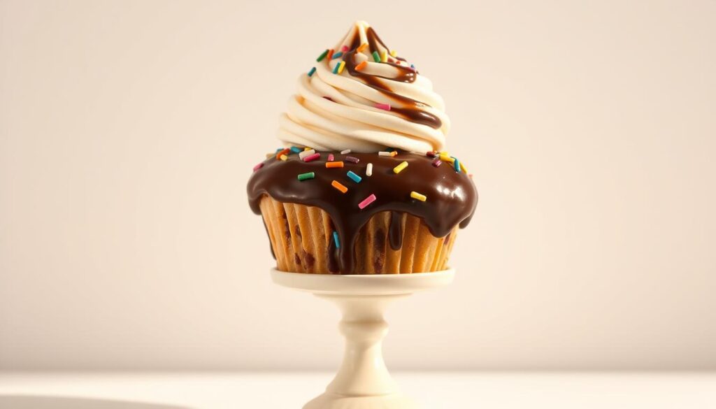 A mouthwatering sundae cupcake sits atop a vintage-style pedestal, its dome-shaped vanilla sponge encased in a swirling chocolate glaze. Sprinkled with rainbow-colored sprinkles and topped with a generous scoop of vanilla ice cream, the cupcake is illuminated by soft, warm lighting, casting gentle shadows that accentuate its delectable details. The background is a simple, clean white, placing the sundae cupcake at the center of attention, inviting the viewer to imagine the satisfying combination of flavors and textures. The overall scene conveys a sense of indulgence, nostalgia, and the perfect balance of sweet and creamy.