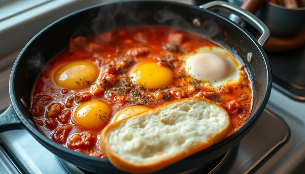 A steaming skillet on a kitchen countertop, filled with a vibrant, savory Shakshouka. The runny, golden egg yolks contrast with the rich, tomato-based sauce, flecked with aromatic spices. Wafts of cumin, paprika, and garlic fill the air, inviting you to dig in. Crisp, golden-brown edges of the bread slice await to soak up every last drop. Soft, ambient lighting casts a warm glow, highlighting the dish's inviting textures and colors. A cozy, homey scene, capturing the comforting essence of reheating and enjoying this classic Middle Eastern breakfast.