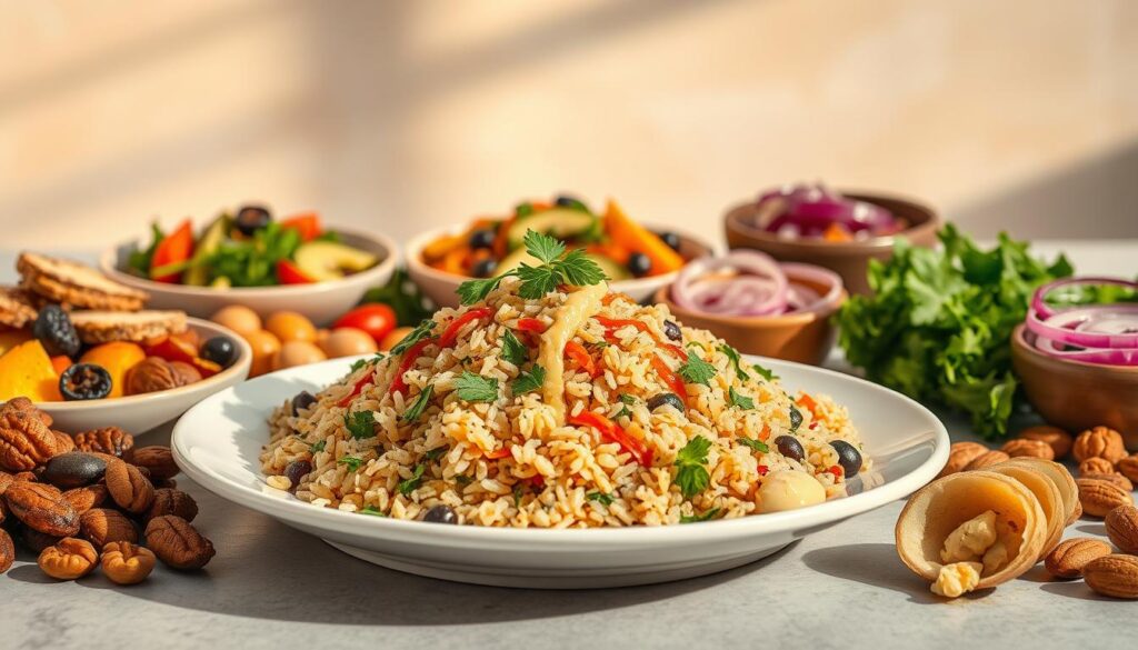 A visually captivating still life scene featuring an assortment of crispy rice salad pairings. In the foreground, an elegant white platter showcases a vibrant, textured salad with crisp rice kernels, fresh herbs, and a drizzle of spicy tahini sauce. Flanking the salad are complementary elements like roasted vegetables, toasted nuts, and tangy pickled onions, each carefully arranged to create a harmonious culinary composition. The middle ground is softly illuminated by warm, natural lighting, casting gentle shadows and highlighting the varied colors and textures. In the background, a neutral, slightly blurred backdrop allows the salad and its accoutrements to take center stage, exuding a sense of simplicity and elegance. An overall mood of freshness, balance, and culinary expertise is conveyed through this meticulously crafted image.