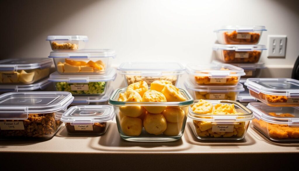 A well-lit kitchen counter, the surface adorned with a variety of airtight food storage containers. In the center, a clear glass container holds the delectable cheesy mashed potato puffs, their golden-brown tops glistening under the soft, indirect lighting. The containers are neatly arranged, each labeled with the contents and date, exuding a sense of organized efficiency. The background is a neutral, clean-toned wall, allowing the focus to remain on the carefully stored leftovers, ready to be reheated and enjoyed at a later time.