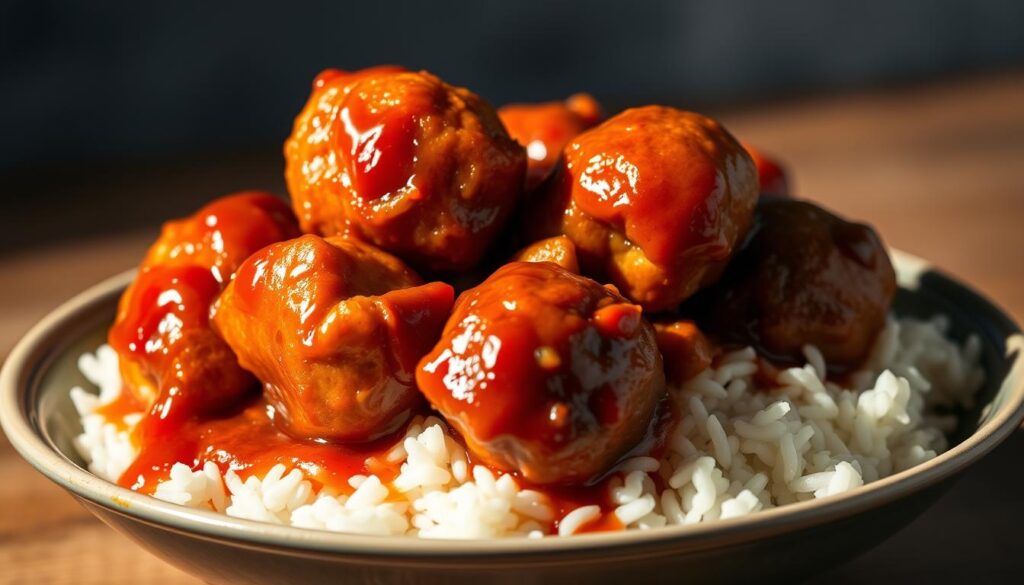 Mouthwatering sweet and sour meatballs, glistening with a rich, tangy sauce, sit atop a bed of fluffy white rice. The meatballs are perfectly formed, seared to a golden brown on the outside, while remaining tender and juicy within. The sauce, a harmonious blend of tangy tomato, sweet brown sugar, and aromatic spices, clings deliciously to each bite-sized morsel. Dramatic side-lighting illuminates the dish, casting dramatic shadows and highlighting the succulent textures. The scene is set against a softly blurred background, keeping the focus squarely on the star of the show - these irresistible sweet and sour meatballs, ready to delight at any special occasion.