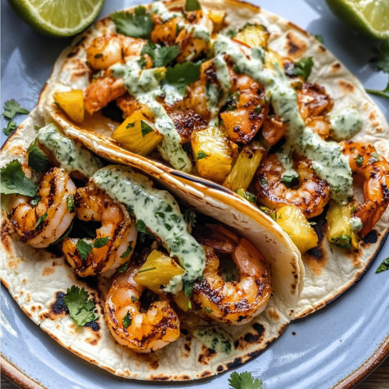 Jalapeño Pineapple Shrimp Tacos with Cilantro Garlic Sauce