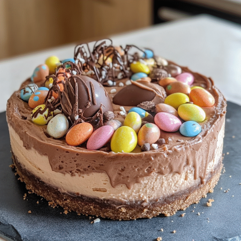 Easter Egg Cheesecake with Chocolate Frosting and Candies