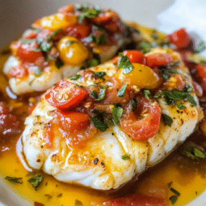 Pan-Seared Cod in White Wine Tomato Basil Sauce