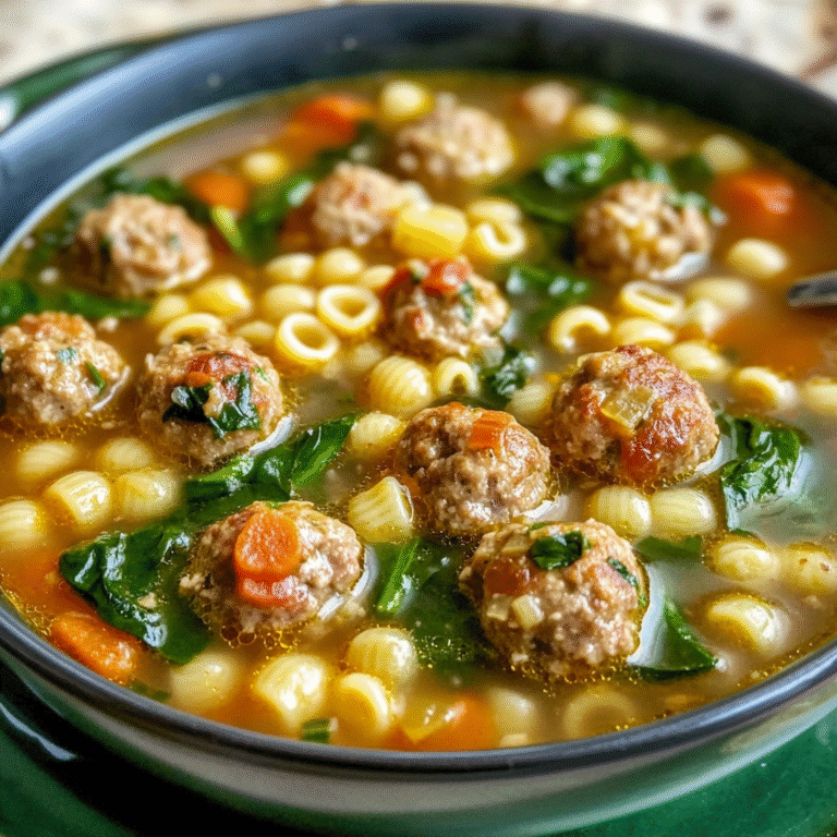 Hearty Italian Meatball Soup with Pasta and Spinach