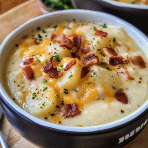 Creamy Potato Soup with Cheesy Bacon Topping